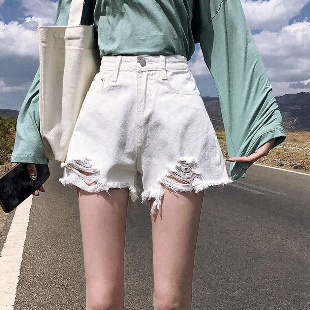 (white, M) "women's High-waist A-line Denim Shorts: Summer 2022 Trend, Loose Fit, Ripped, Wide-leg Hot Pants