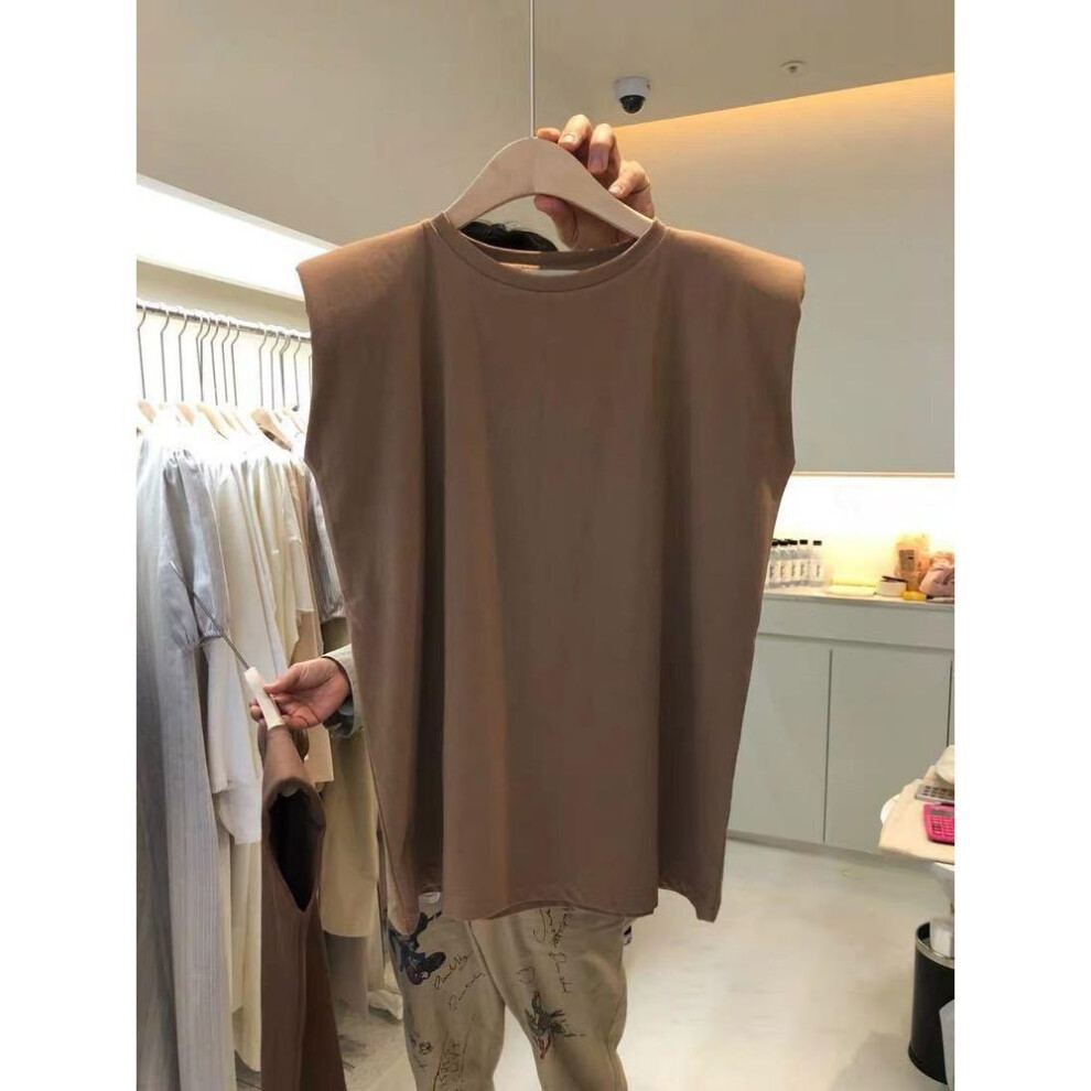 (light coffee, 2XL) Women's Large Size White Sleeveless Camisole - Loose Round Neck Top for Outer or Inner Wear, Perfect for Spring and Summer.