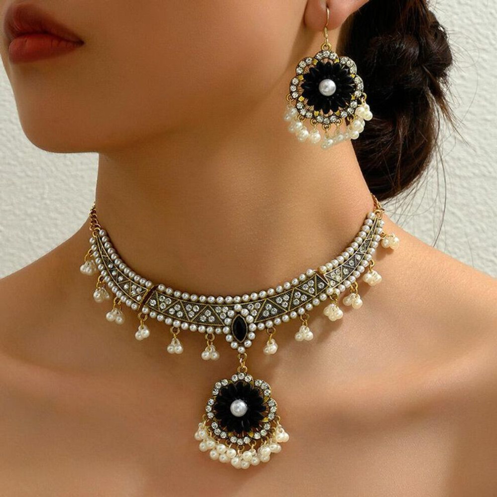 (black) "bohemian Retro Metal Pearl Gem Flower Necklace & Earring Set - European And American Fashion
