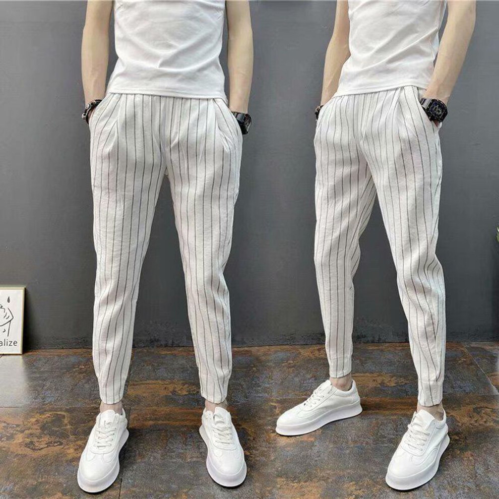(white, XL) Men's Black & White Striped Slim Fit Elastic Waist Pants