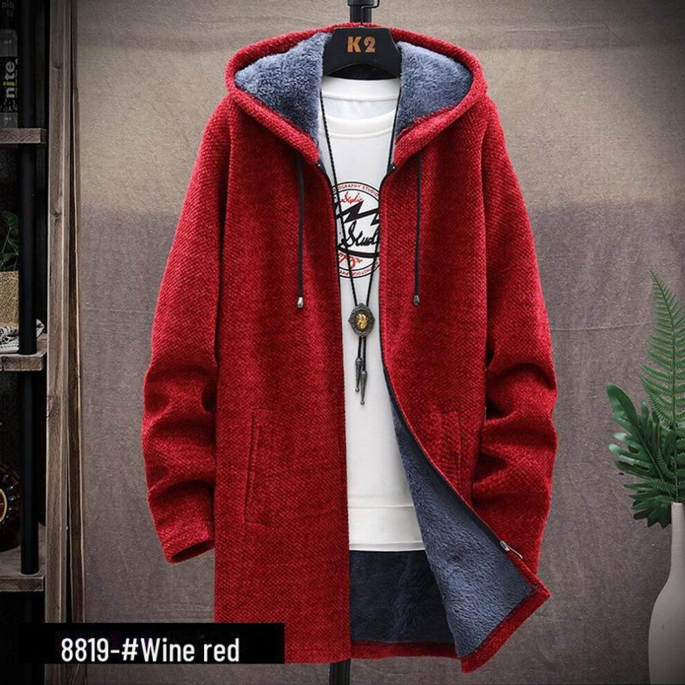 (wine red, 2XL) Men's Korean Style Hooded Knit Cardigan - Trendy Autumn/Winter Sweater Jacket