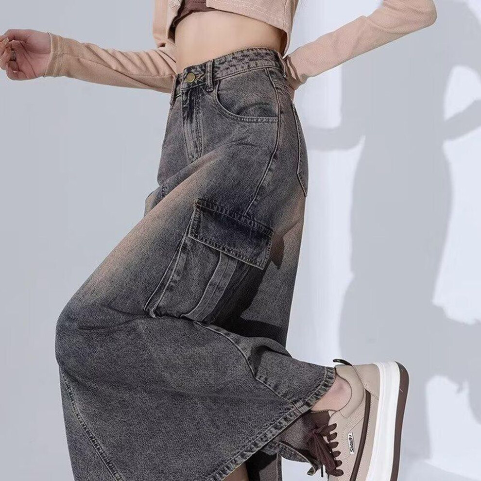 (XL) American Retro Women's High-waist Denim A-line Slit Skirt - Mid-length For Spring & Autumn