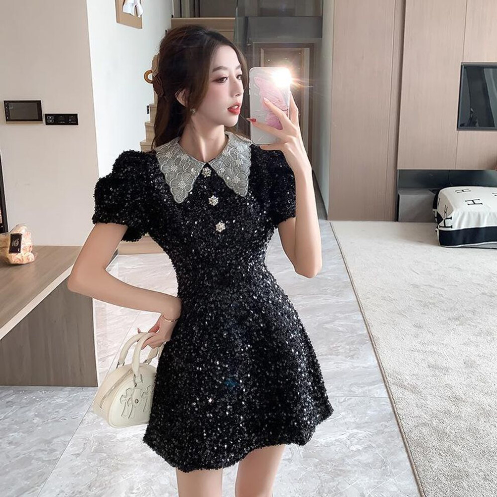 (black, Large) "women's A-line Dress With Rhinestone Buttons And Bright Silk Lapel