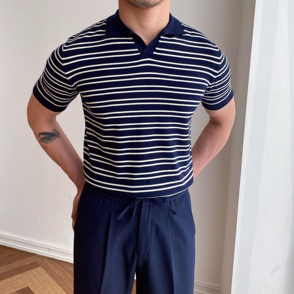 (royal blue, 2XL) Men's Summer V-neck Striped Ice Silk Polo - Short-sleeve Trendy Lapel T-shirt