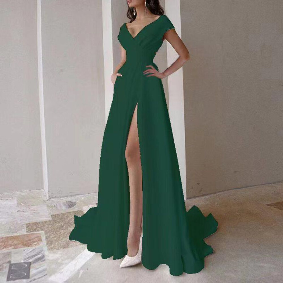 (green, Extra Large) 2024 Cross-Border Off-Shoulder Ruffled Red, Black, and White Mid-Waist Solid Color Evening Dress