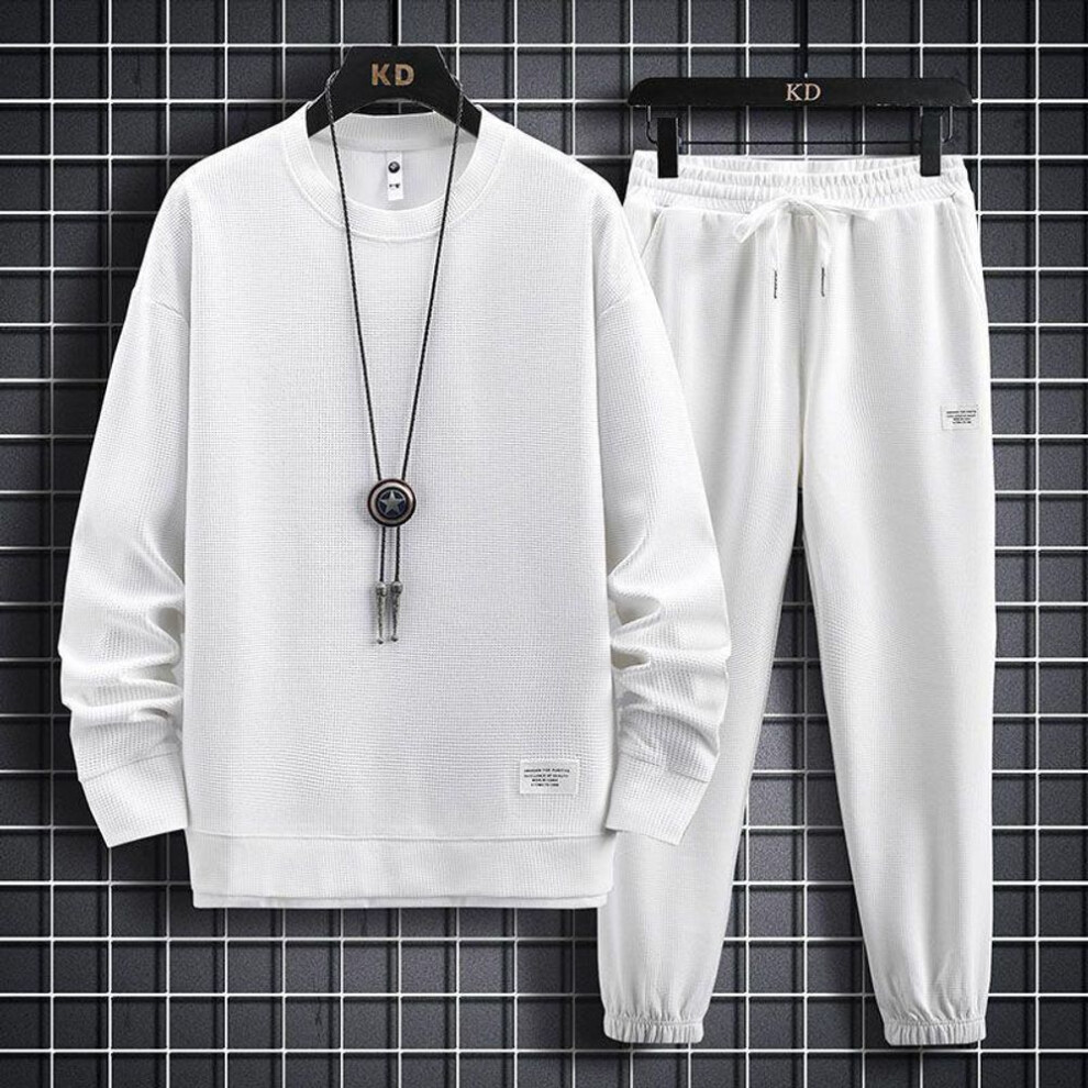 (white, 2XL) Men's Autumn/Winter Waffle Suit: Trendy Long-Sleeve Sports Two-Piece Set