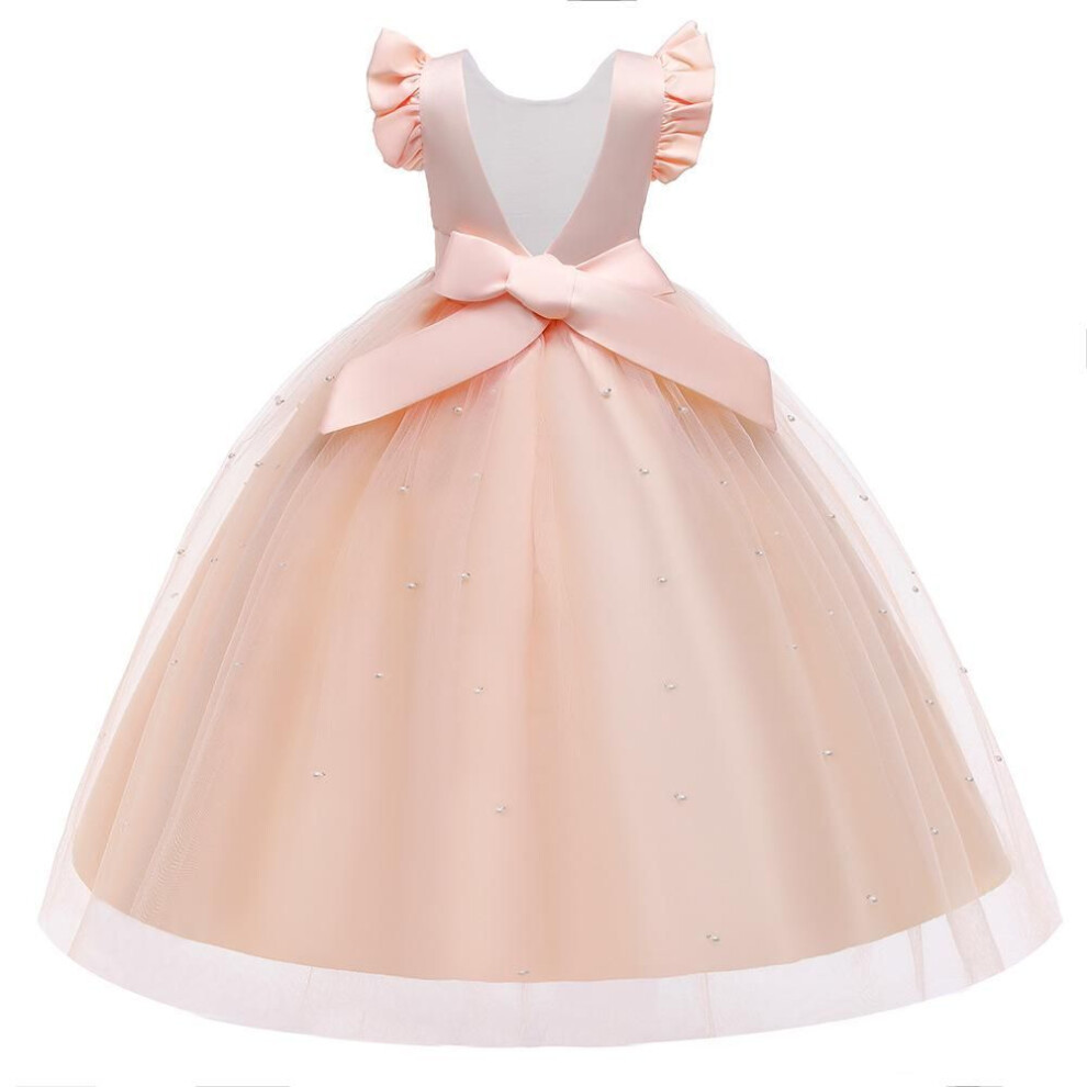 (champagne, 130 cm) Girls' Mesh Bow Flying Sleeves Fashion Dress