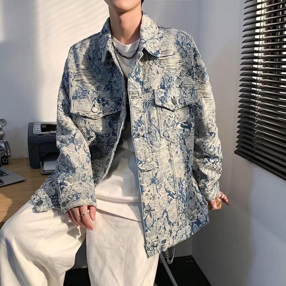 (blue, 3XL) "men's Trendy Embroidered Floral Denim Jacket With Tassel Details