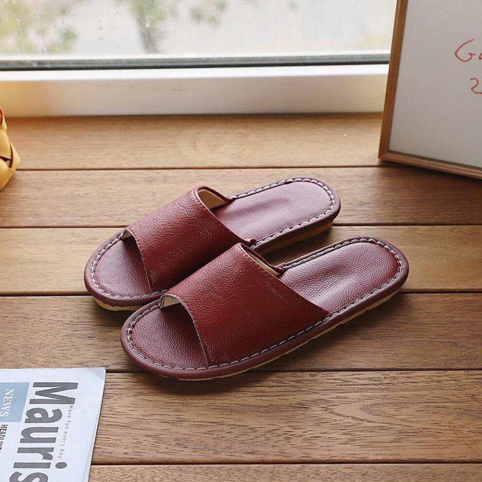 (wine red, 27 fits 39-40) Women's Genuine Leather Non-Slip Indoor Summer Sandals - Soft, Waterproof, Odor-Free, Cowhide Slippers for Couples