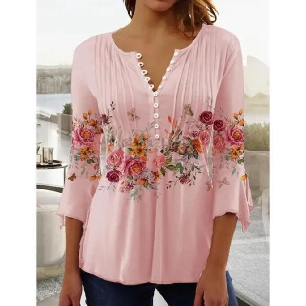 (pink, XL) "2024 Cross-Border Spring/Summer Women's Floral V-Neck Pleated Button T-Shirt