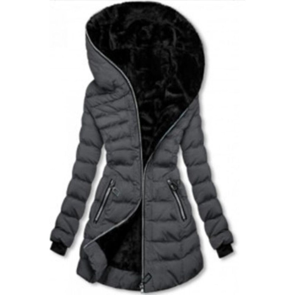 (gray, M) Women's Hooded Long Sleeve Plus Velvet Cotton Winter Mid-Length Zipper Jacket