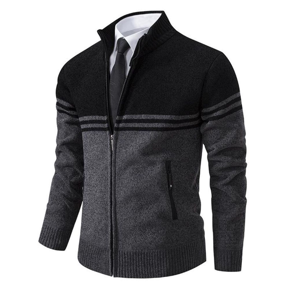 (black, XL) "Korean Style Men's Knitted Cardigan: Autumn/Winter Fashion, Baseball Collar, Color-Blocked Sweater