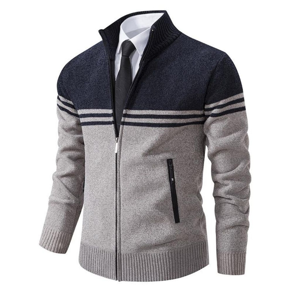 (navy blue, XL) "Korean Style Men's Knitted Cardigan: Autumn/Winter Fashion, Baseball Collar, Color-Blocked Sweater