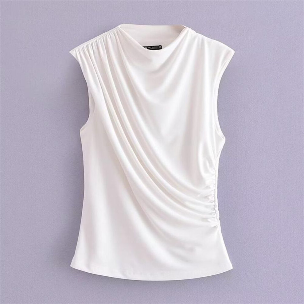 (white, Large) "2023 Spring Women's European & American Pleated Sleeveless White Top