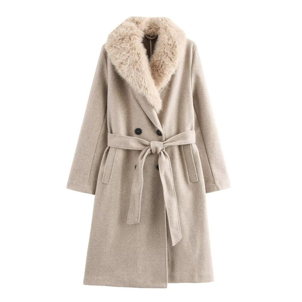 (Medium) Women's European and American Style Wool Coat with Fur Collar and Belt for Autumn and Winter