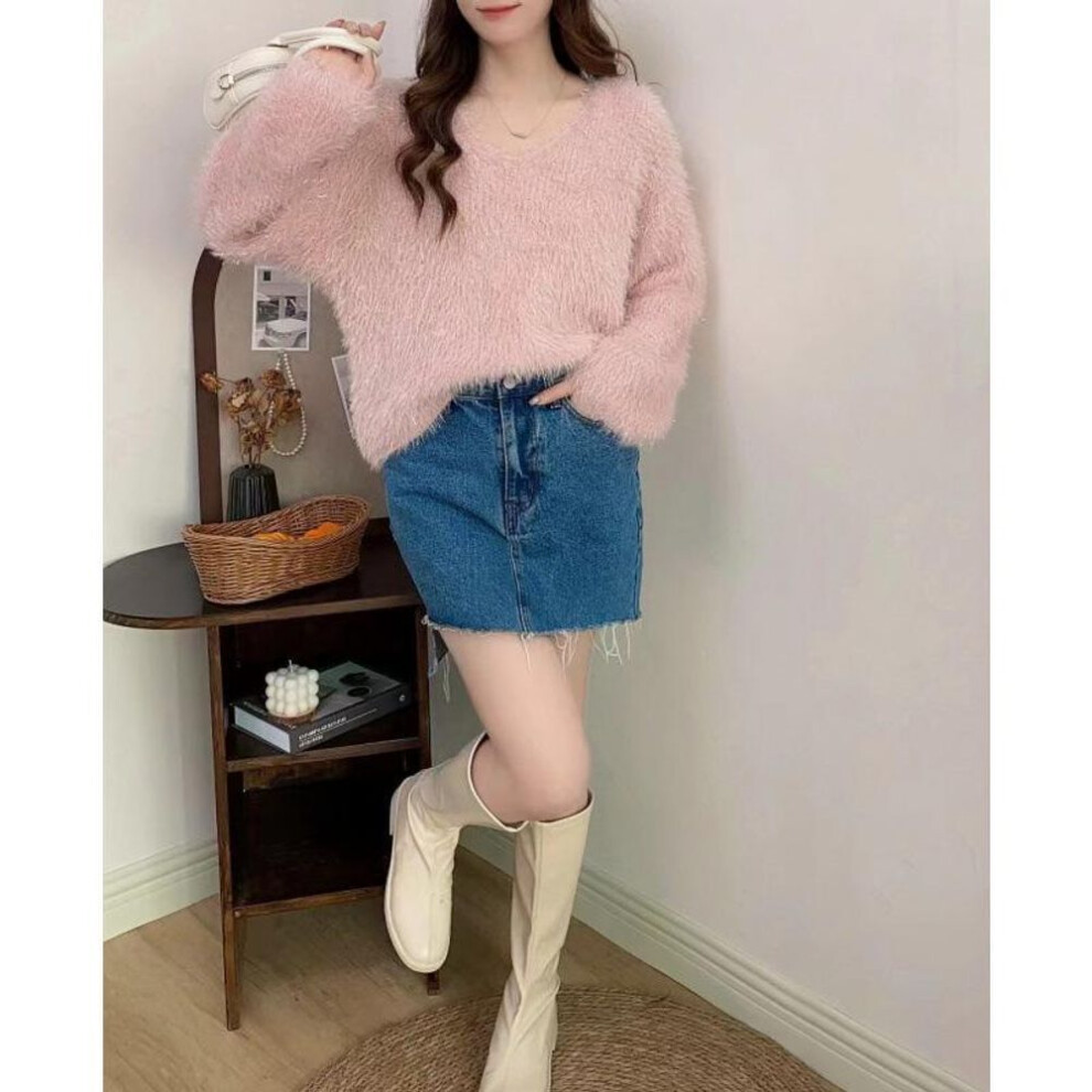 (pink, One Size) "women's Soft Imitation Mink Fleece V-neck Sweater - Autumn/winter Loose Fit, Bright Silk Knit