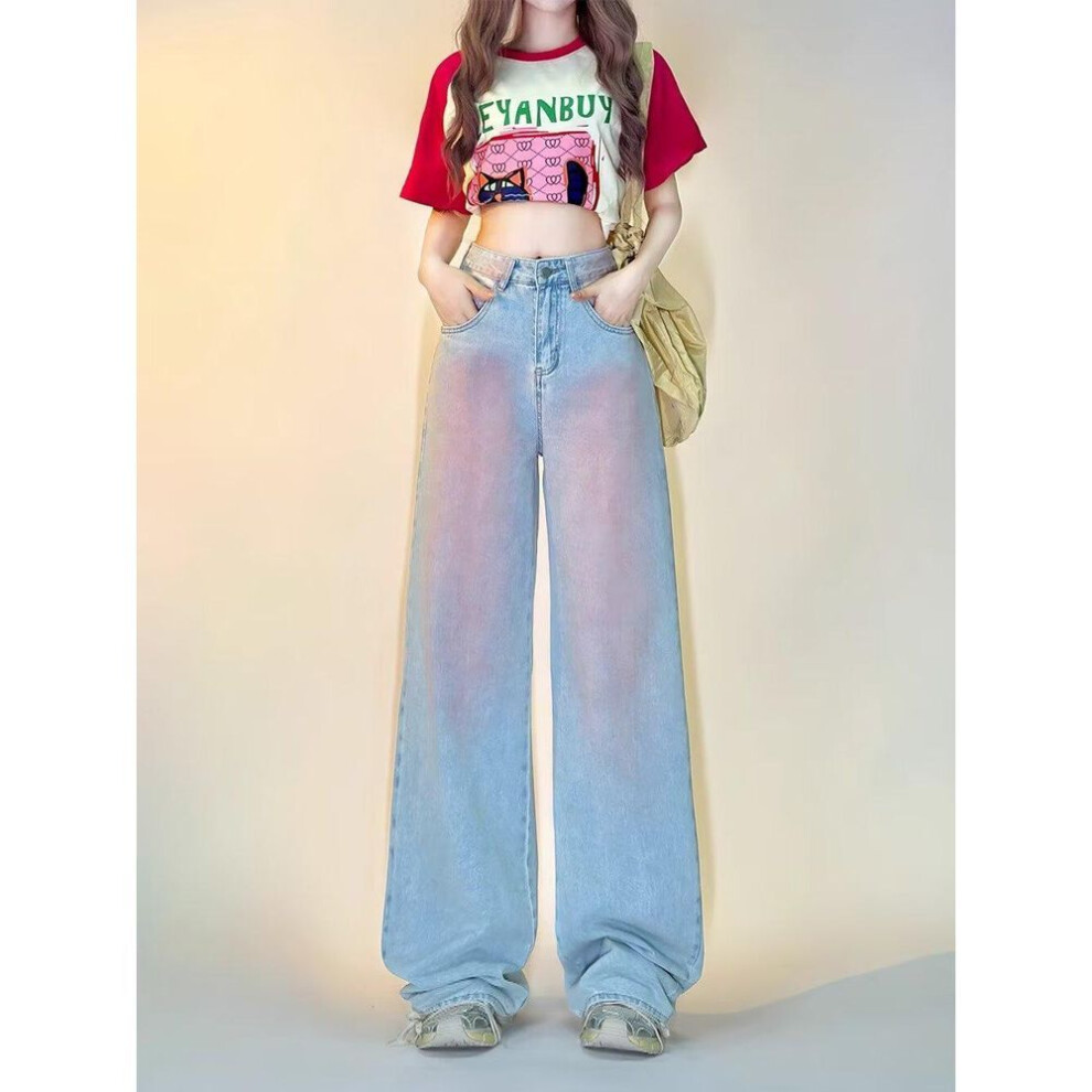 (light blue, M) "Trendy Women's Pink Distressed Wide-Leg Jeans - American Retro Casual Style