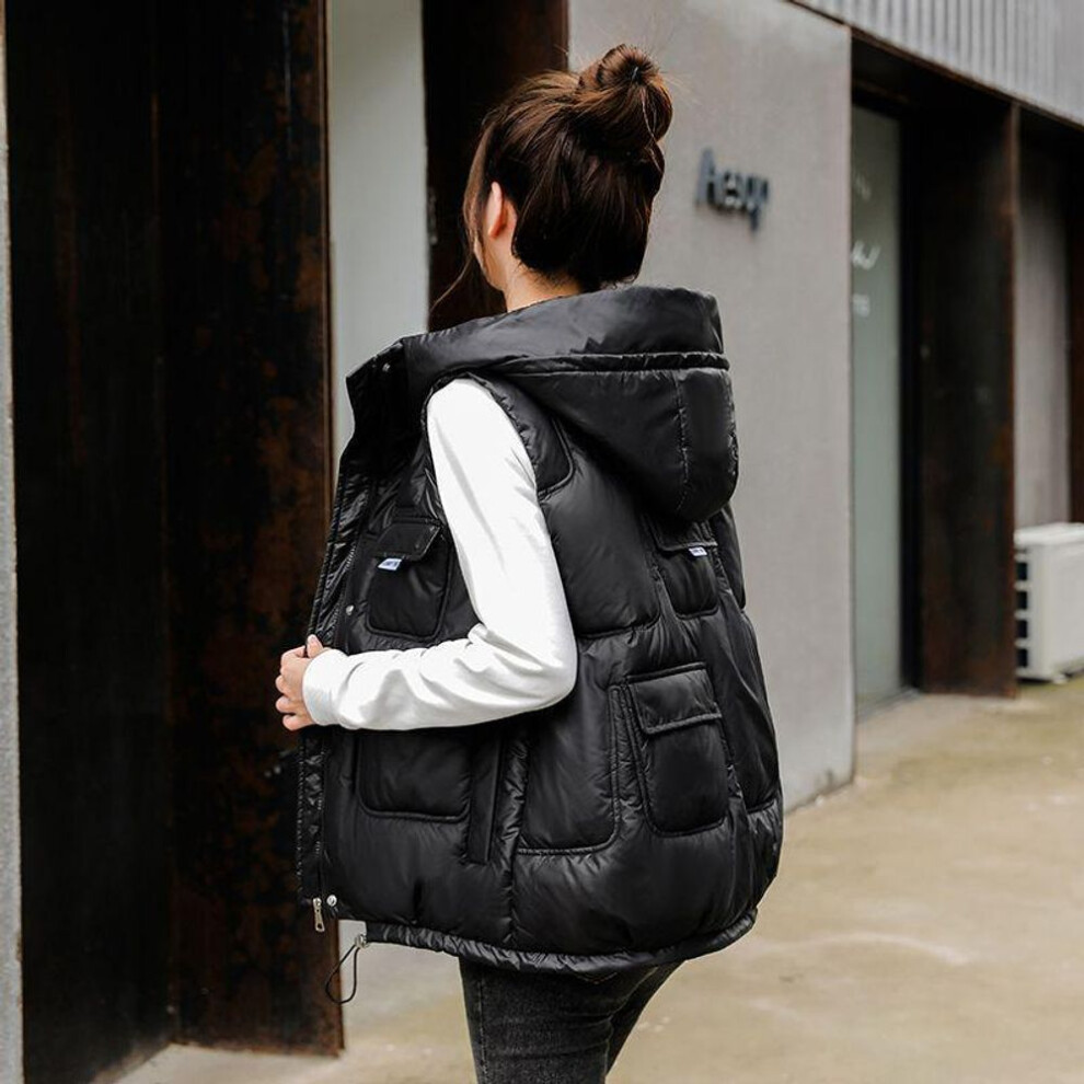 (black, M (50-60 kg)) "g Korean 2024 Women's Hooded Shiny Down Cotton Vest - Wash-free, Thickened Winter Waistcoat