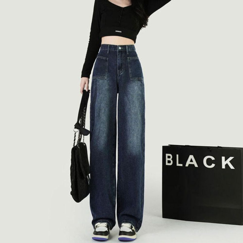 (blue-gray, Small) Women's Blue-Gray High Waist Wide-Leg Jeans with Large Pockets – Versatile, Draped, Floor-Length Design
