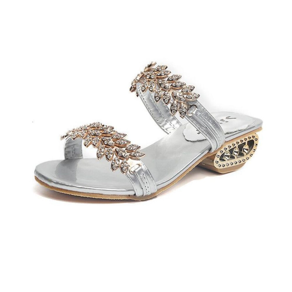 (silver, 39) Women's Summer Mid-heel Rhinestone Sandals - Korean Style, Large Size 41, Ideal For Students And Cross-border Moms