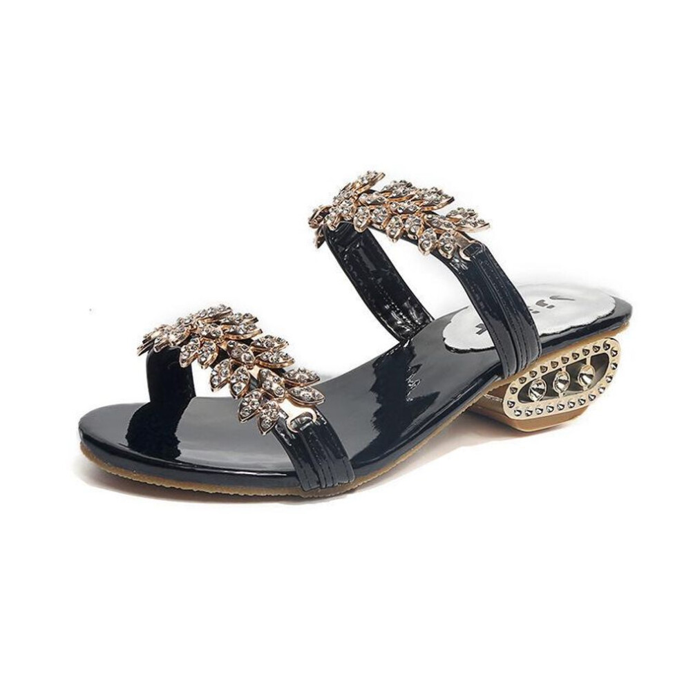 (black, 36) Women's Summer Mid-Heel Rhinestone Sandals - Korean Style, Large Size 41, Ideal for Students and Cross-Border Moms
