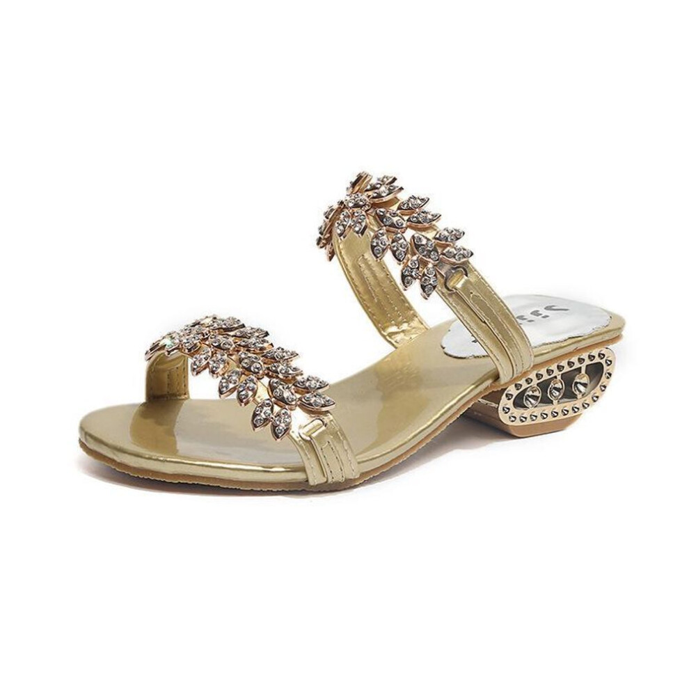 (gold, 35) Women's Summer Mid-heel Rhinestone Sandals - Korean Style, Large Size 41, Ideal For Students And Cross-border Moms