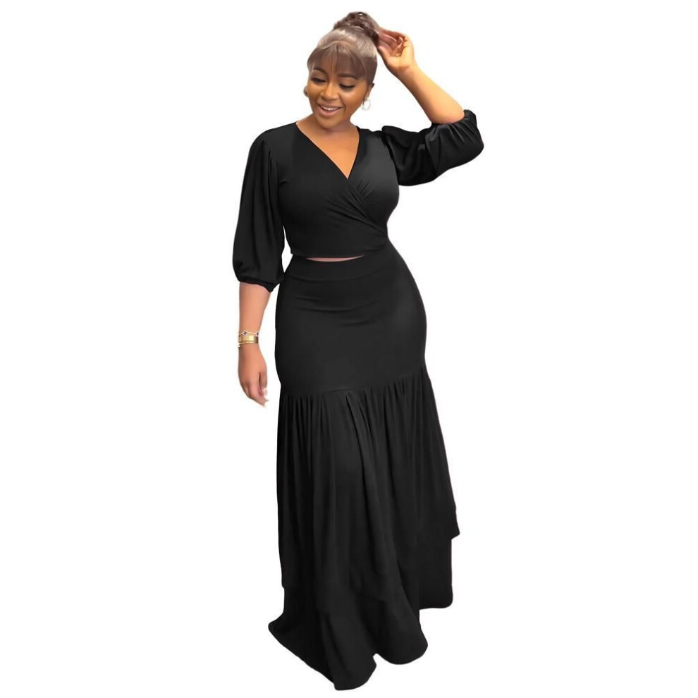 (black, Medium) Slim Spring/Summer Short Top & High-Waist Skirt Set - European & American Commuter Style.
