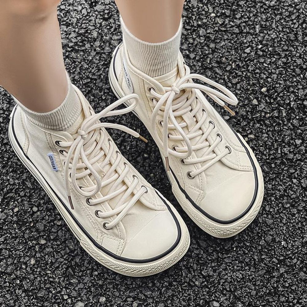 (beige, 35) "2023 Summer Women's High-Top Mango Head Canvas Sneakers, Square Toe, Thick Sole, All-Match for Students
