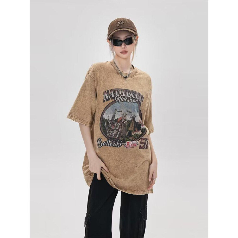 (coffee, 2XL) Men's American Style Washed Cotton Printed T-Shirt - Summer Round Neck, Short Sleeve, Loose Fit, High Street Fashion.
