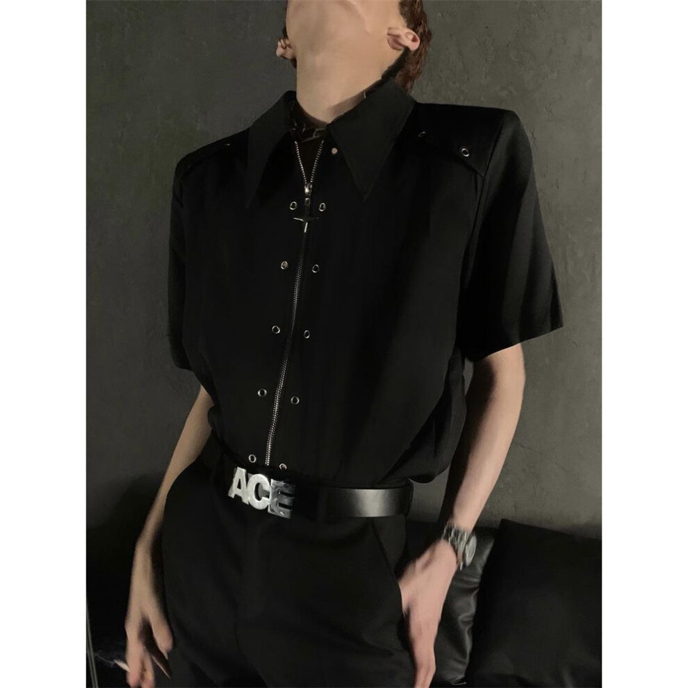 (black, 2XL) Unisex Summer Metal Deconstruction Design Shoulder Pad Short-sleeve Shirt With Loose Zipper