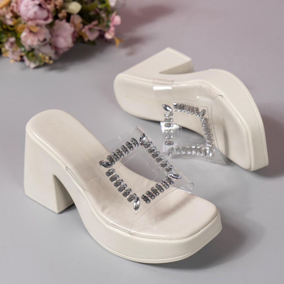 (white, 42) Large Size Rhinestone Platform High Heel Sandals - Women's Outdoor Waterproof Square Toe Slippers