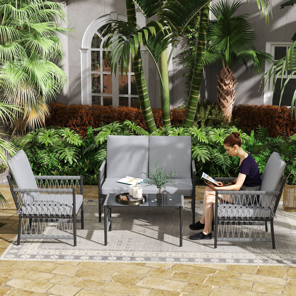 (Grey) Outsunny 4 Seater Rattan Garden Sofa Set with Glass Top Coffee Table