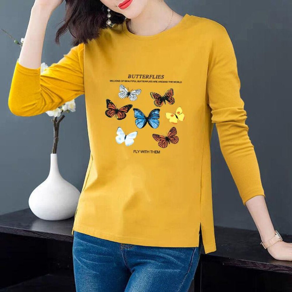(yellow, XXXL) Women's 100% Cotton Long-Sleeve Printed Split T-Shirt, Round Neck, Loose Fit for Spring and Summer