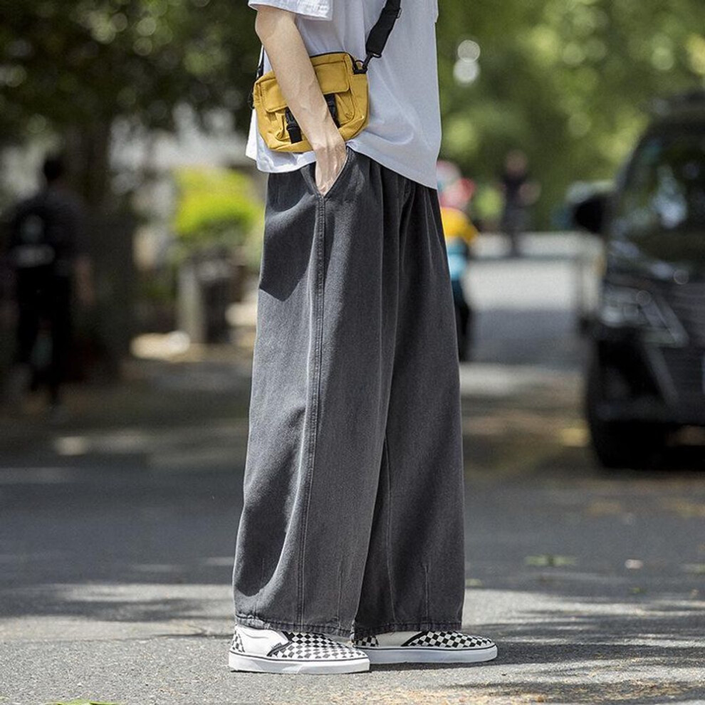 (dark gray, L) Hong Kong Autumn Loose Wide-Leg Jeans - Korean Retro Style Men's Trend