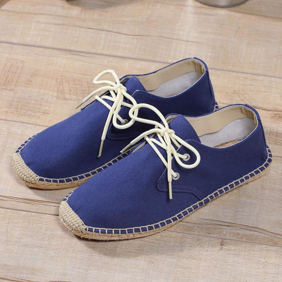 (blue, 40) Men's Hemp Rope Lace-up Shoes - Breathable, Sweat-absorbent, Hand-sewn, Slip-on Straw Cloth Shoes.