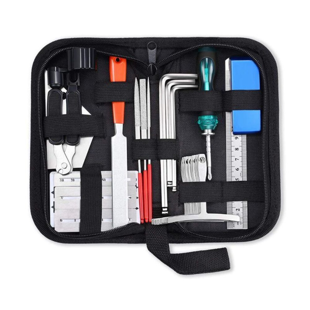(JT-042) 25-piece Guitar Repair Kit: Includes String Changing Tool, Wrench, Grinding File, Measuring Ruler, String Winder, Leveling Ruler.