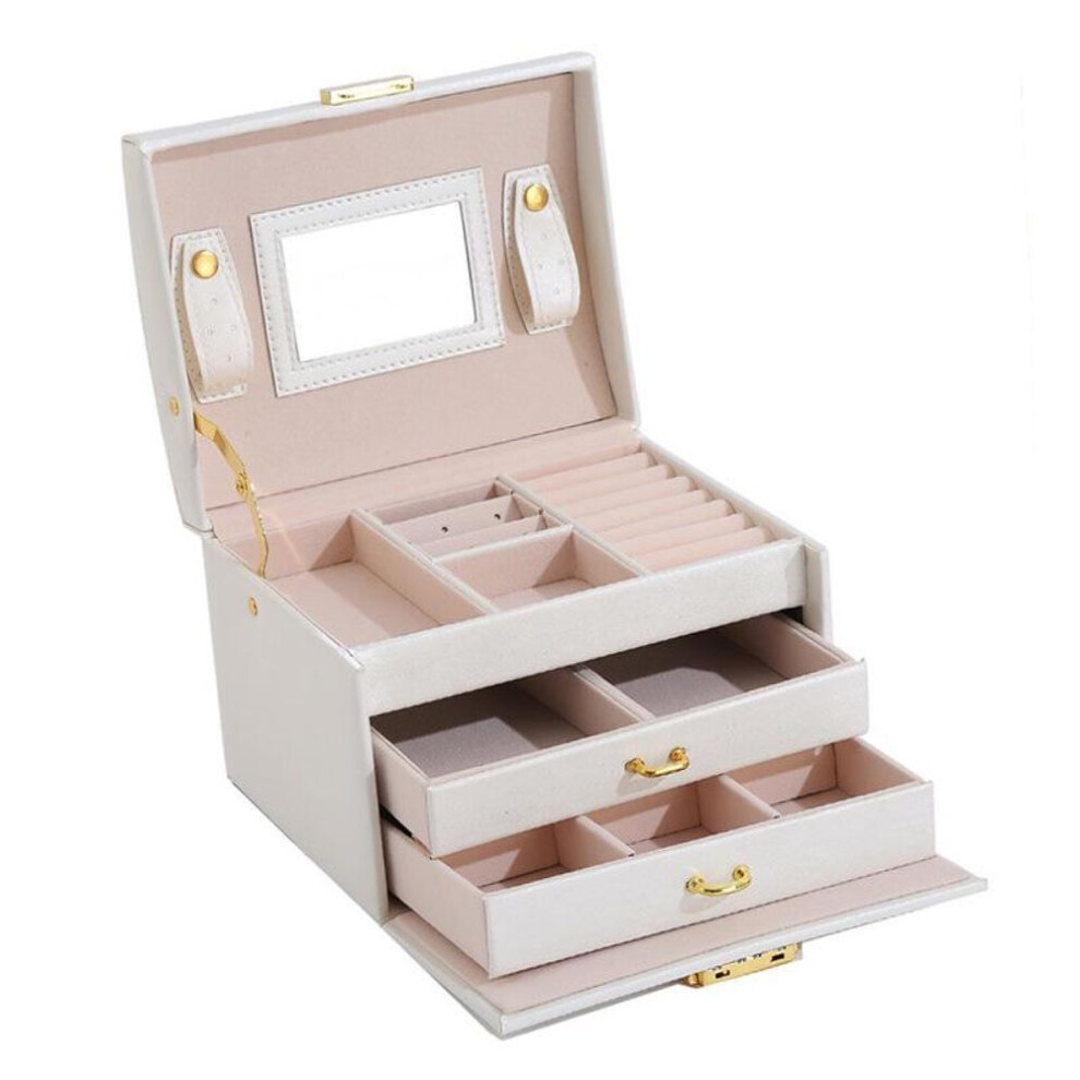 (white, 18*14*13CM) "Portable Three-Layer Jewelry Storage Box for Earrings, Necklaces, and Rings