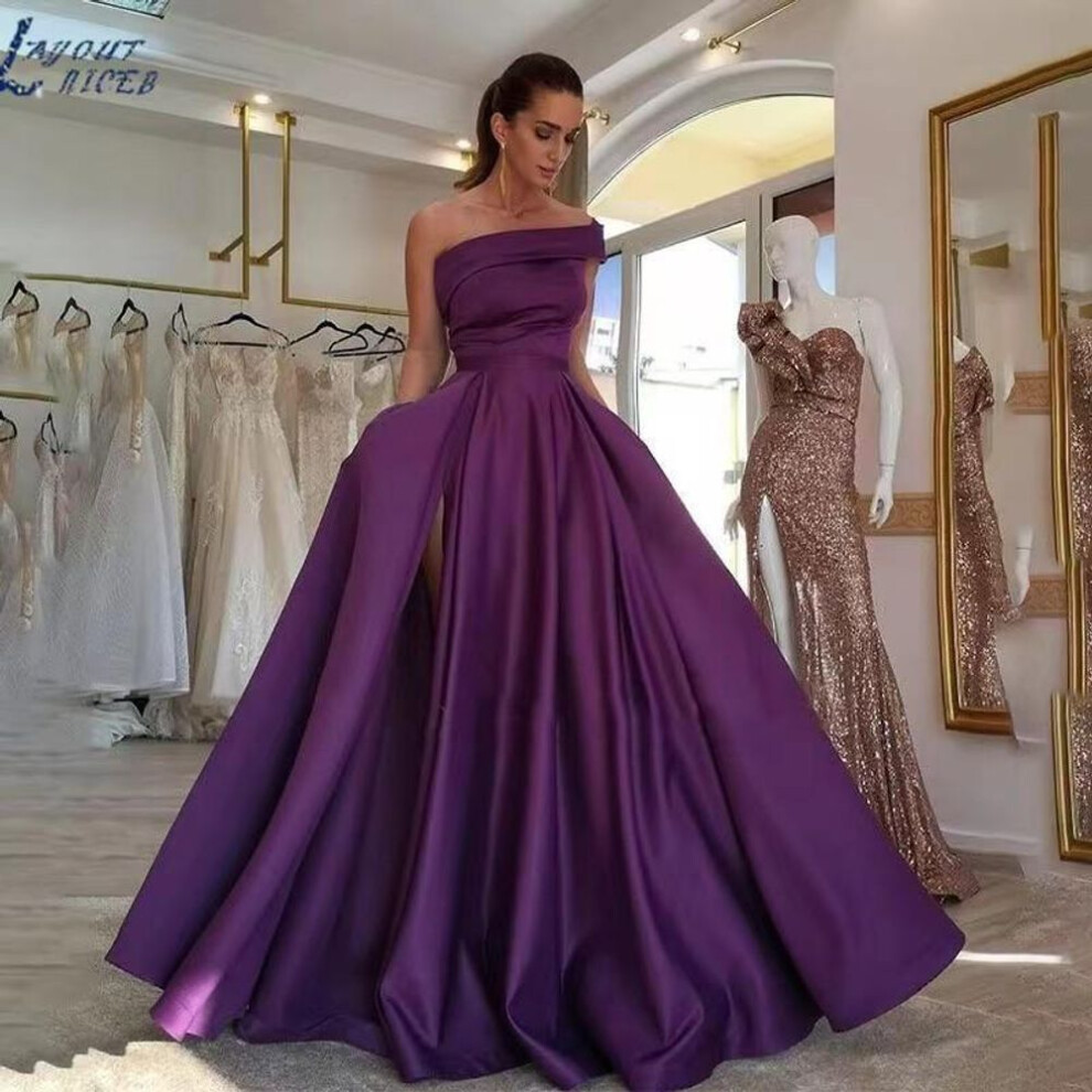 (purple, Extra Large) "Green High-Slit One-Shoulder Satin Evening Dress