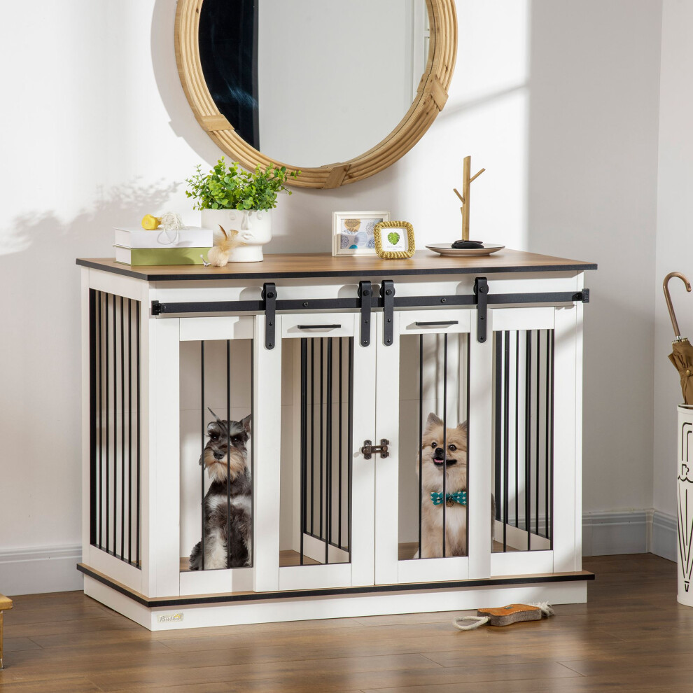 PawHut Dog Crate Furniture for Large Dogs, Double Dog Cage for Small Dogs, White