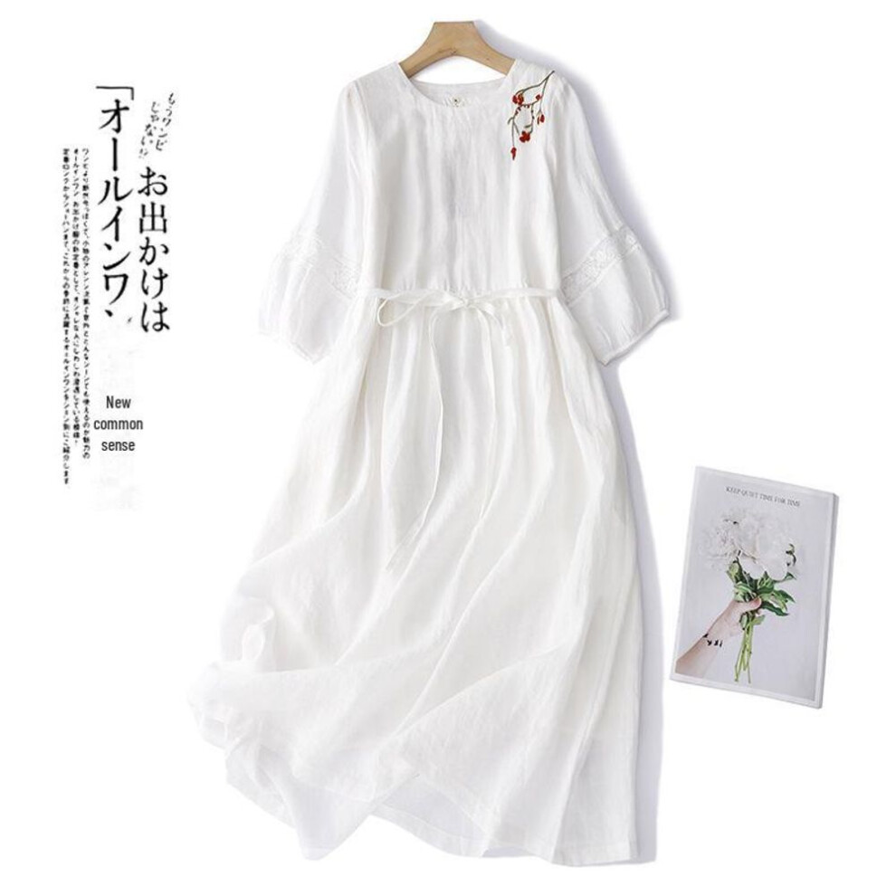 (white, 2XL) "2023 Summer White Embroidered Long Dress - Women's Elegant Round Neck with 3/4 Sleeves