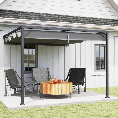 Outsunny 3x3m Wall Mounted Outdoor Pergola with Retractable Canopy, Grey - UV-Resistant Metal Frame 84C-180V00GY