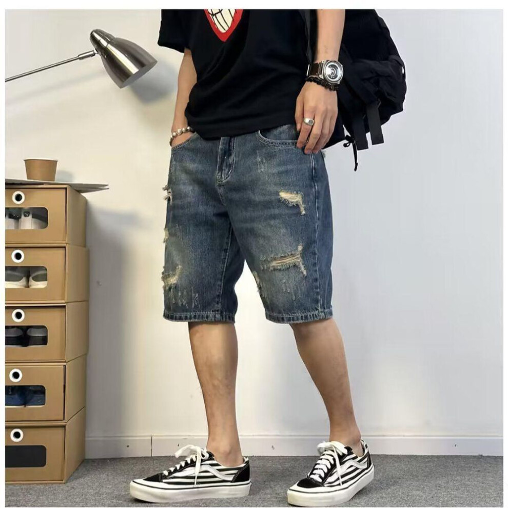 (blue, 33) Men's Loose-Fit Ripped Denim Shorts - Trendy Summer Style, Large Size, Thin Material