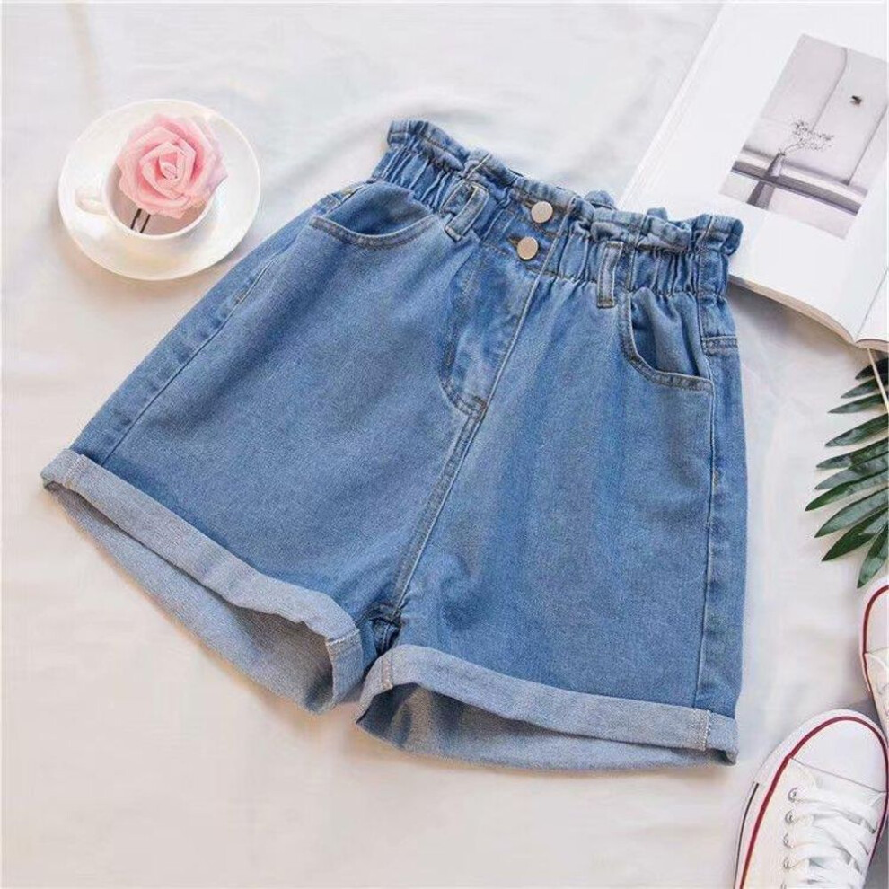 (light blue, 2XL) Women's Plus Size Elastic Waist Denim Shorts - Korean Slim Wide-leg A-line Trend