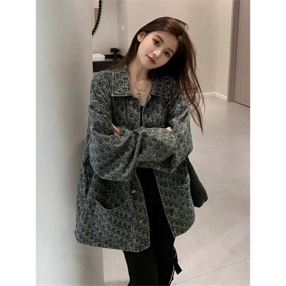 (blue, Extra Large) Women's Retro Denim Jacket: 2024 Spring/Autumn Print Design, Niche All-Match Style.