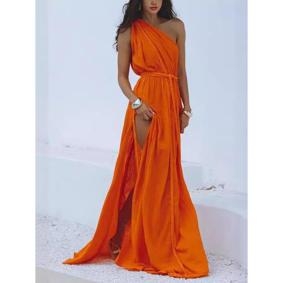 (orange,red, One Size) European & American Women's Fashion Beach Vacation Solid Color Dress Blouse 8045
