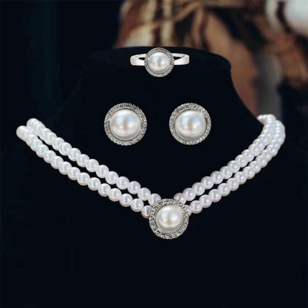 (silver) "bridal Toast Dress With Pearl Necklace, Diamond Pearl Earrings & Necklace: 3-piece Wedding Accessory Set.
