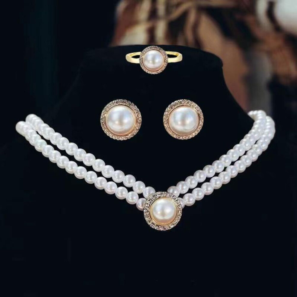 (gold) "bridal Toast Dress With Pearl Necklace, Diamond Pearl Earrings & Necklace: 3-piece Wedding Accessory Set.