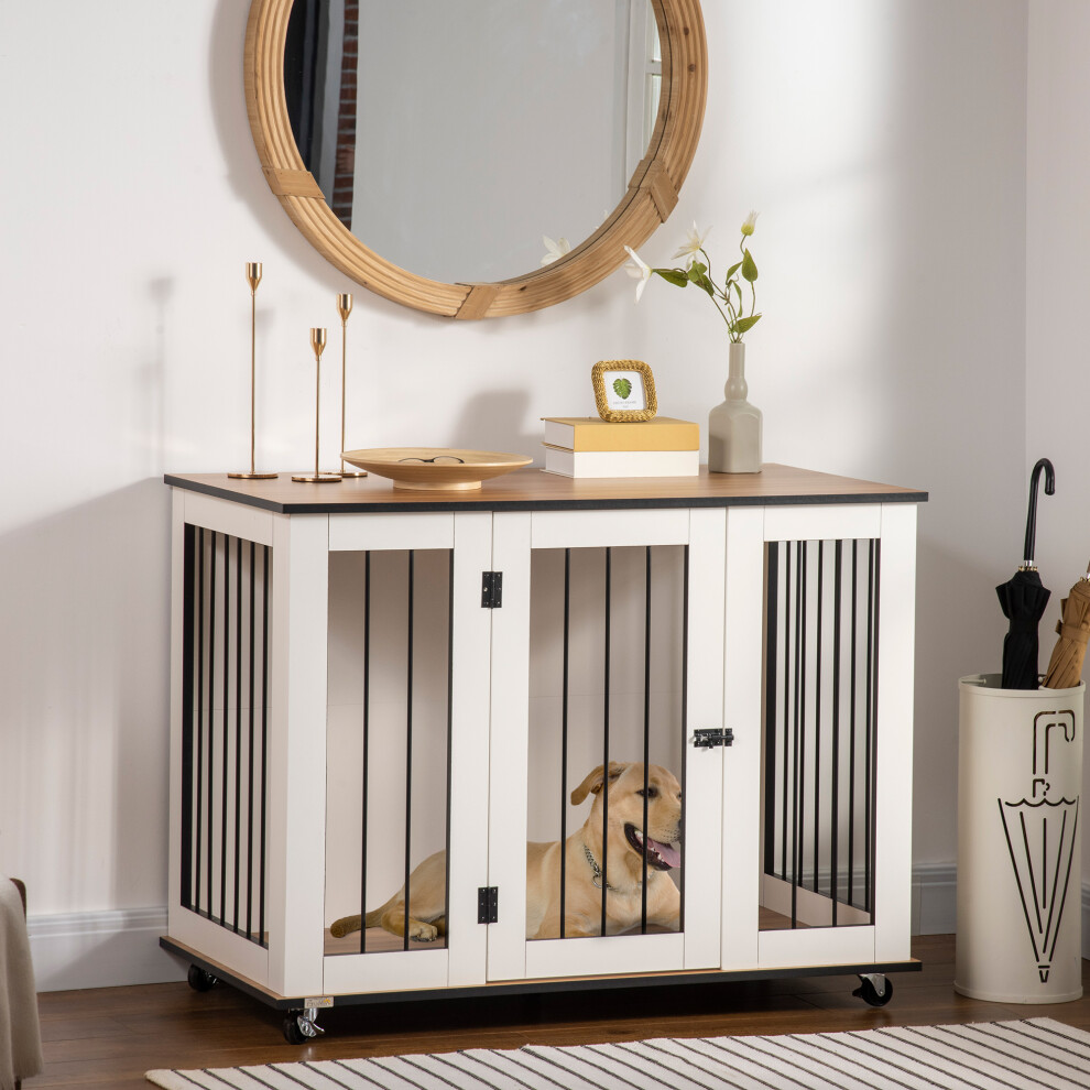 PawHut Dog Crate Furniture End Table w/ Lockable Door, for Large Dogs - White