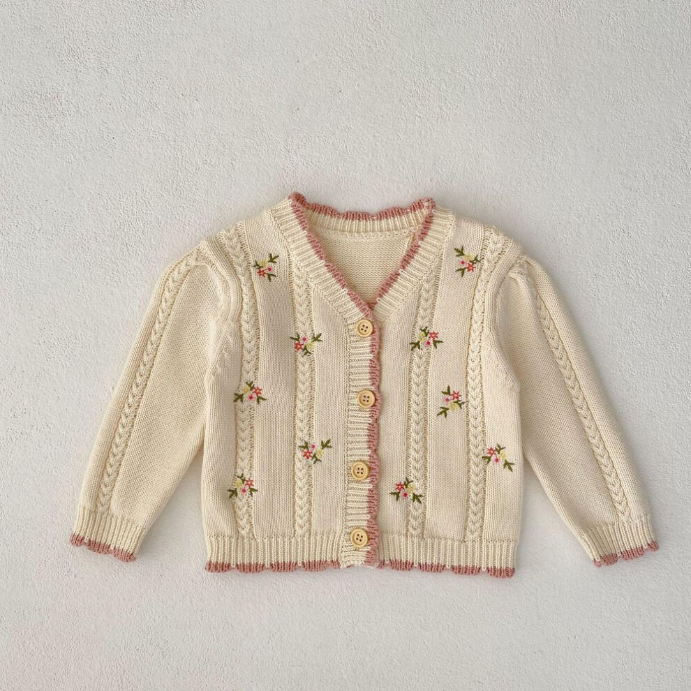 (apricot,white, 73 cm) 2024 Autumn Floral Embroidered Cotton Yarn Knit Cardigan For Baby Girls
