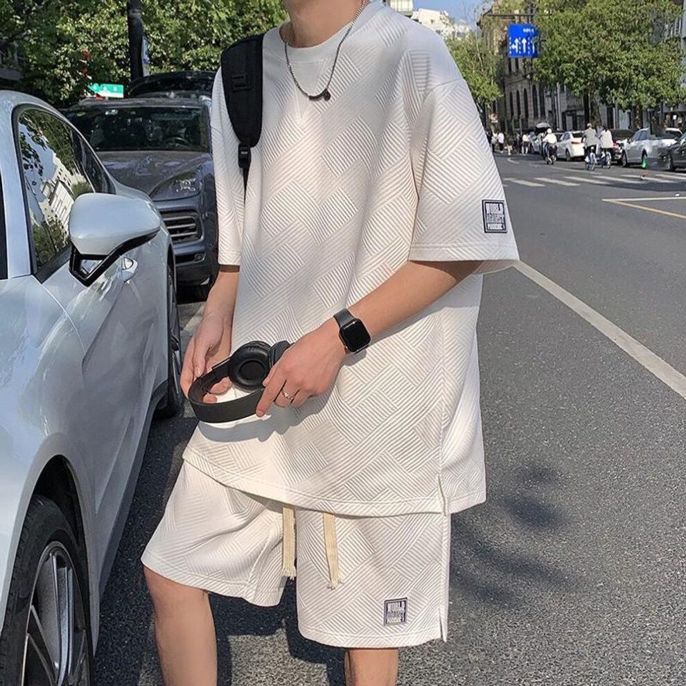 (white, Large) Hong Kong Style Waffle Men's 2023 Sports Casual Set: Short-Sleeve Loose T-Shirt and Trendy Shorts